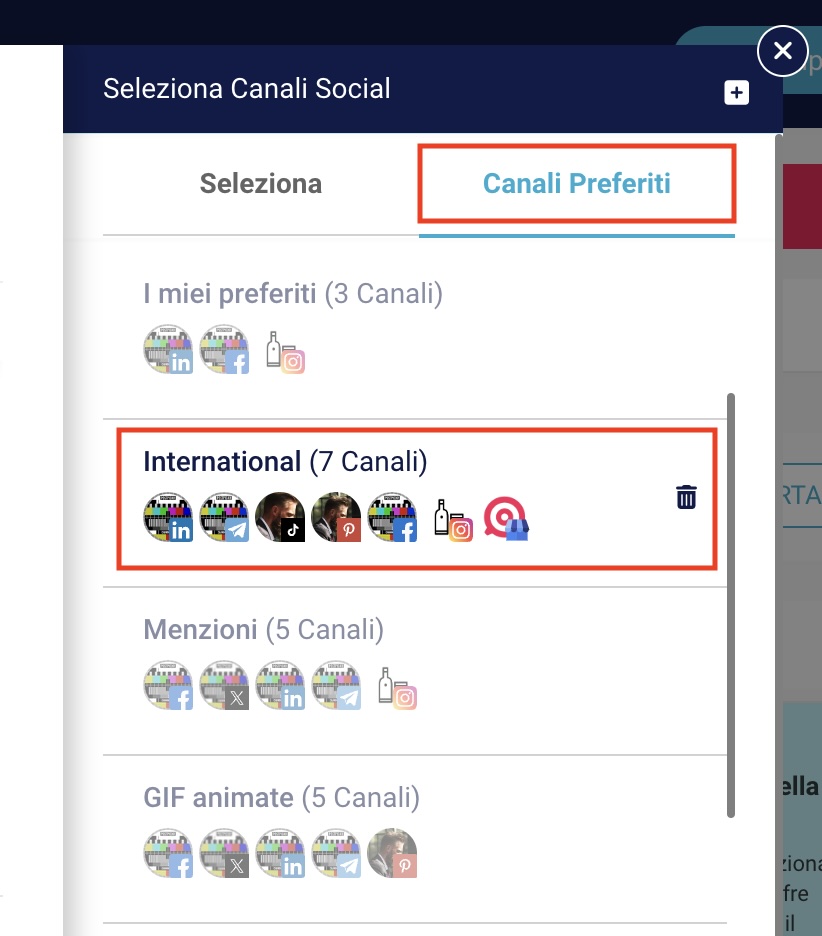 Schermata della sezione 'Canali Preferiti' che elenca i gruppi di canali salvati, con esempi di gruppi, ciascuno contenente le diverse icone dei canali social.