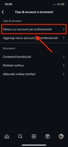 Pannello delle impostazioni profilo instagram per cambiare tipologia profilo