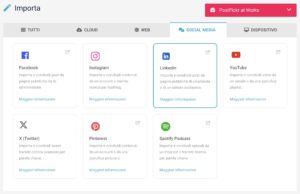 La sezione Fonti > Social Media, con il riquadro di LinkedIn selezionato