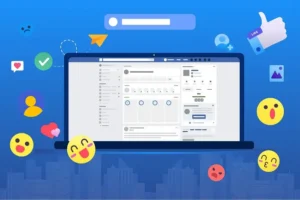 Grafica evocativa di una pagina Facebook su un portatile | Postpickr