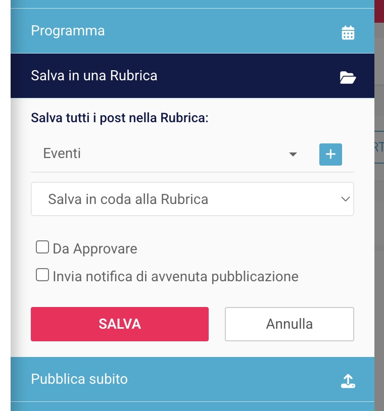 Tab per salvare il post in una Rubrica, con categorie selezionabili, e opzioni per approvazione e notifiche di pubblicazione