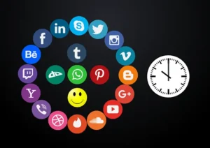 Le icone dei maggiori social media poste circolarmente con un orologio a destra a indicare la questione tempestività | PostPickr