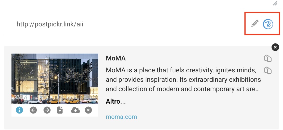 Opzione di accorciamento tramite Rebrandly e pulsante per creare link personalizzati