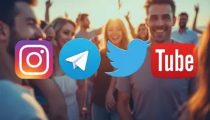 I loghi di X Twitter, Instagram, Youtube e Telegram con ragazzi sorridenti nello sfondo | PostPickr