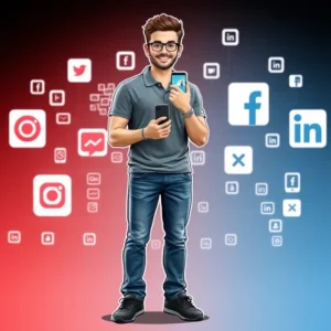 Il disegno di un ragazzo con gli occhiali che usa uno smartphone e a lato i loghi dei social network | PostPickr