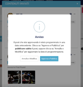 Avviso di approvazione di un post con data antecedente.
