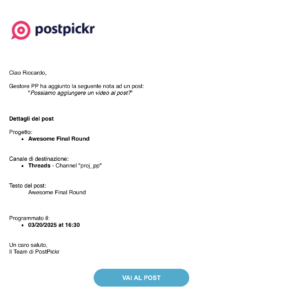 Email di PostPickr con nota di risposta di un membro del social team