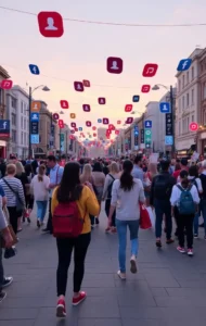 Una folla che cammina in strada sormontata da reaction dei social network | PostPickr