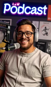 Un ragazzo con gli occhiali e la barba incolta che registra un podcast nel suo studio | PostPickr