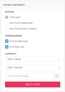 Pannello filtri contenuti nella sezione Approvazione Post di PostPickr visualizzazione membro Cliente