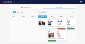 Interfaccia sezione Calendario di PostPickr con post programmati