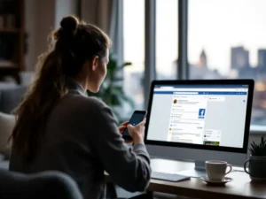 Una ragazza usa facebook dal computer a casa e monitora dati dal telefono | PostPickr