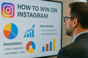 Manager che guarda una proiezione sulle strategie vincenti su Instagram | PostPickr