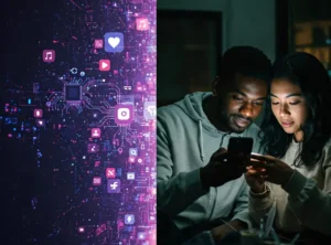 Immagine che propone la doppia tendenza tra l'utilizzo dell'IA e la ricerca di umanità nei post sui social | PostPickr