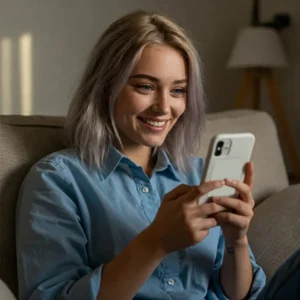 Donna bionda seduta sul divano acquista sorridente direttamente dai social | PostPickr