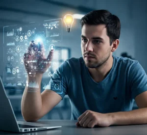Immagine stilizzata di un collaboratore che usa le più moderne tecnologie per migliorare la reach on social media | Postpickr