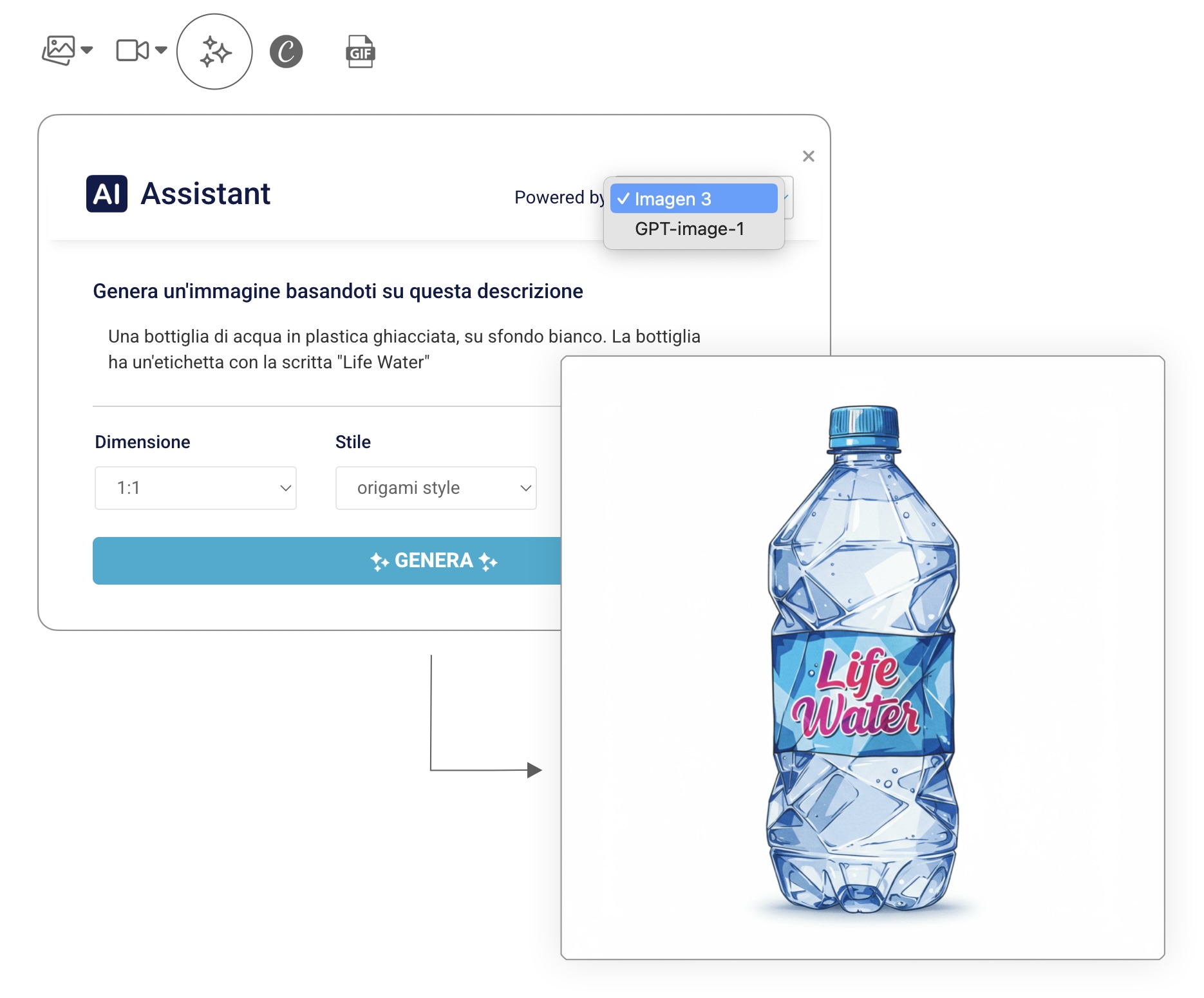 Generazione AI: prompt testuale genera bottiglia d’acqua stilizzata “Life Water” in stile origami su sfondo bianco.