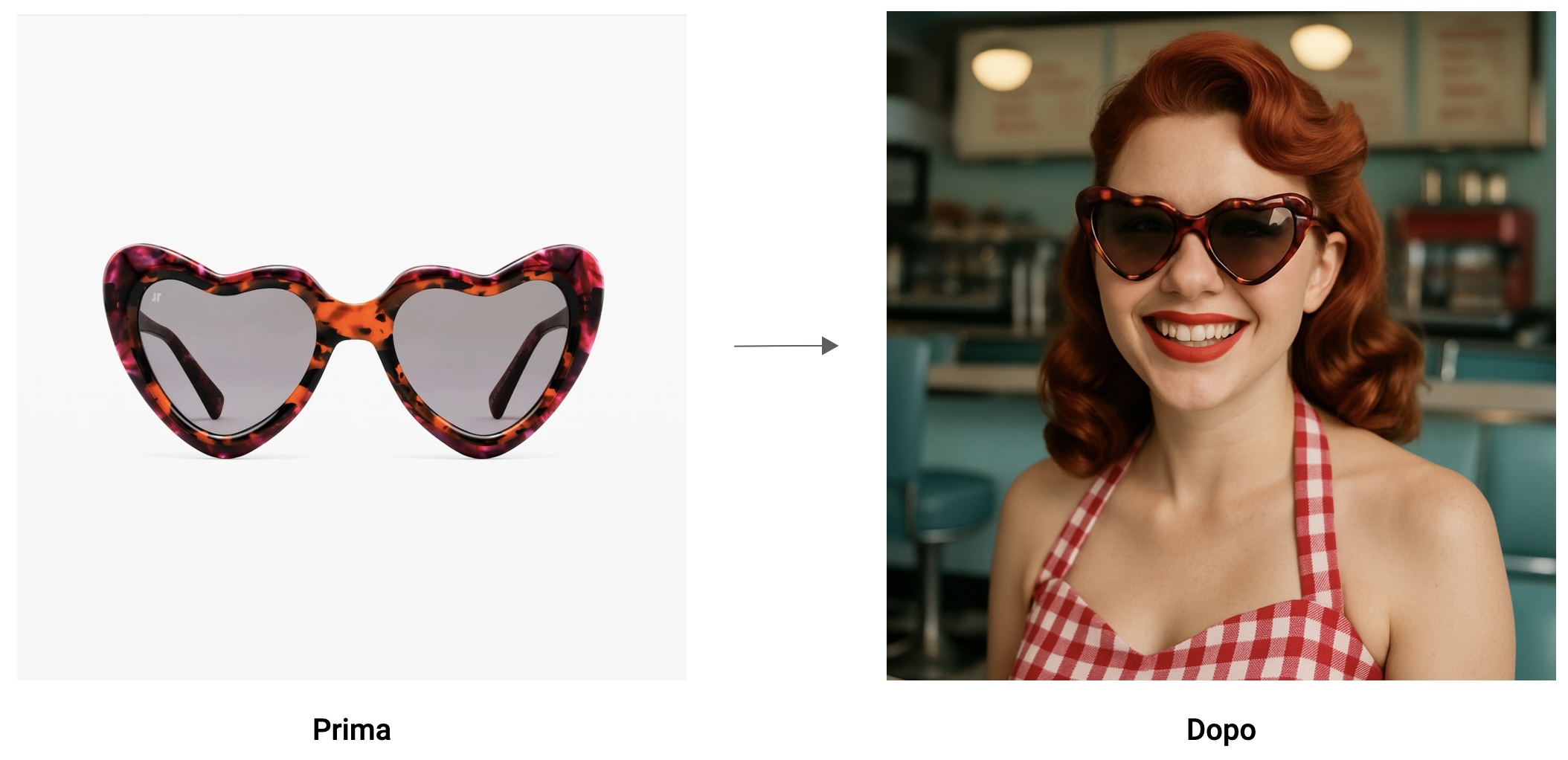 Trasformazione AI: occhiali fotografati diventano parte di un look pin-up indossato da una modella anni ‘50 sorridente.