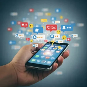 Telefono stilizzato dal quale escono faccine, emoticon e reazioni dei clienti, a simboleggiare la voice of the customer | PostPickr