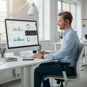 Social manager seduto alla sua scrivania in un moderno ufficio, mentre analizza i dati della voice of the customer | PostPickr