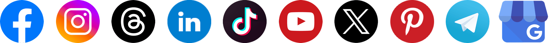 Logo di Facebook, Instagram, Threads, LinkedIn, TikTok, YouTube, X/Twitter, Pinterest, Telegram, Google Business