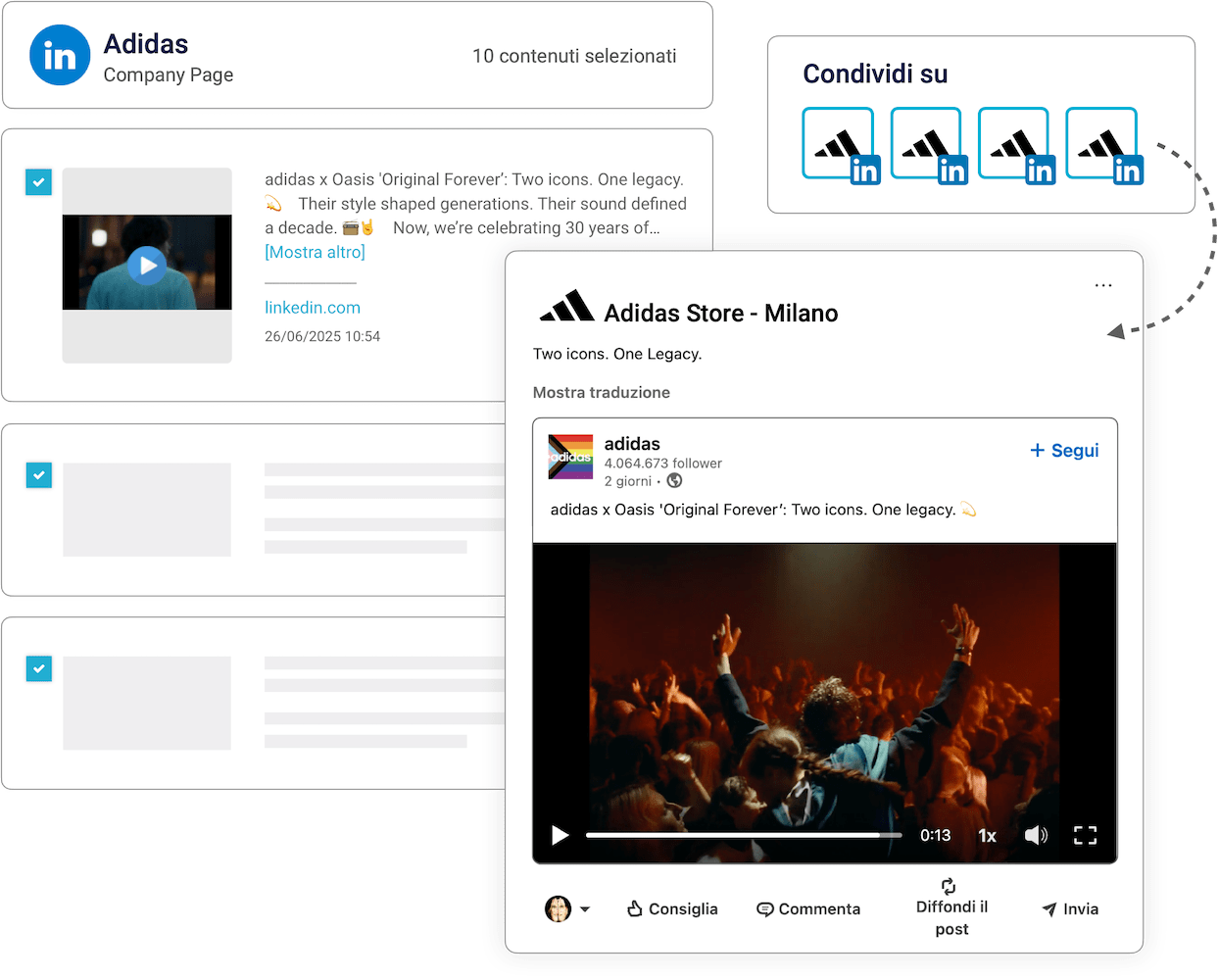 Finestra che mostra la funzione di importazione dei contenuti da una pagina aziendale di LinkedIn e la loro condivisione su più canali, con un'anteprima del post video.