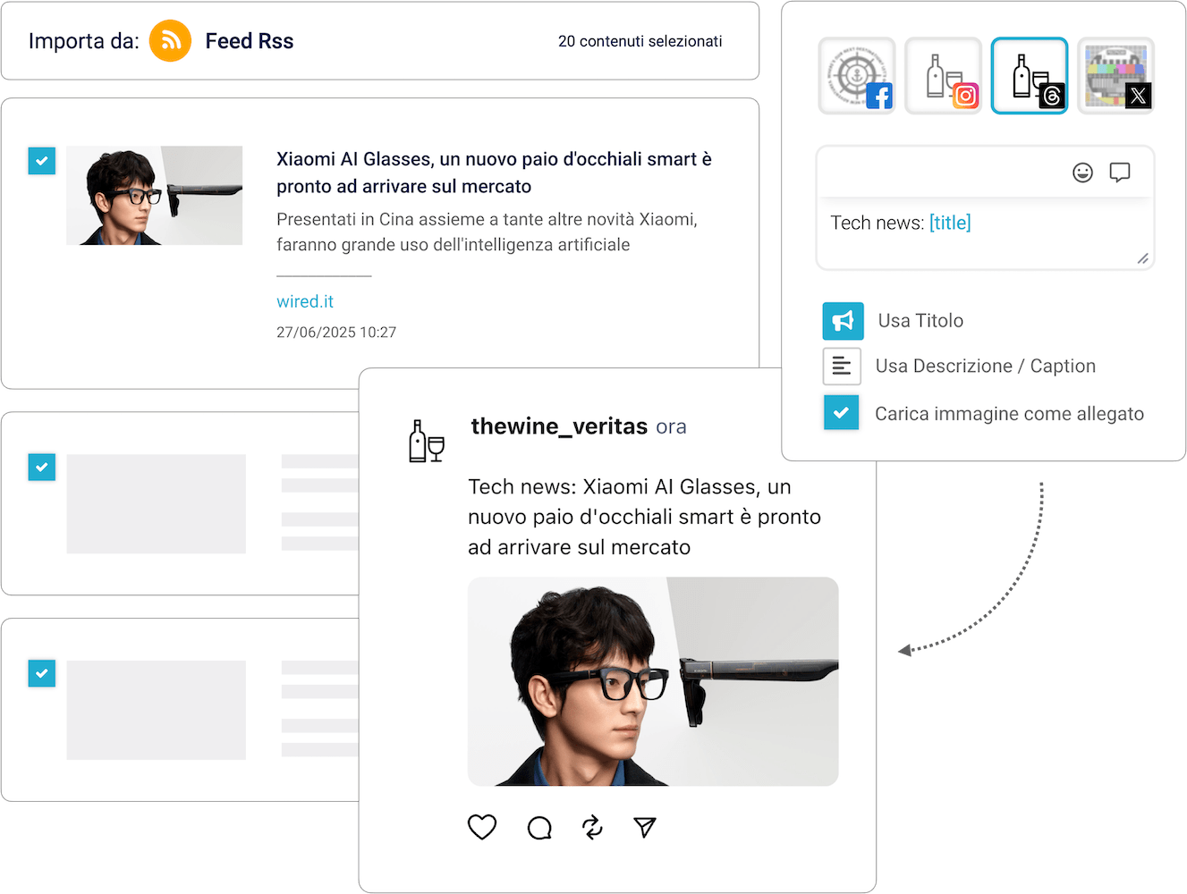 Finestra che mostra la funzione di importazione dei contenuti da un Feed RSS, con un articolo selezionato e le opzioni per l'utilizzo di titolo e descrizione come post sui social media.