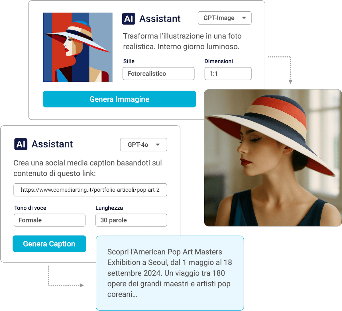 schermate generazione testi con AI Assistant di PostPickr