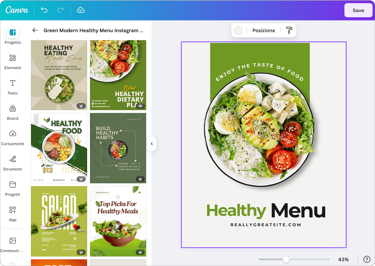 Interfaccia dell'editor grafico di Canva integrato in PostPickr che mostra la creazione di un post per i social media, con una selezione di modelli grafici a tema cibo salutare.