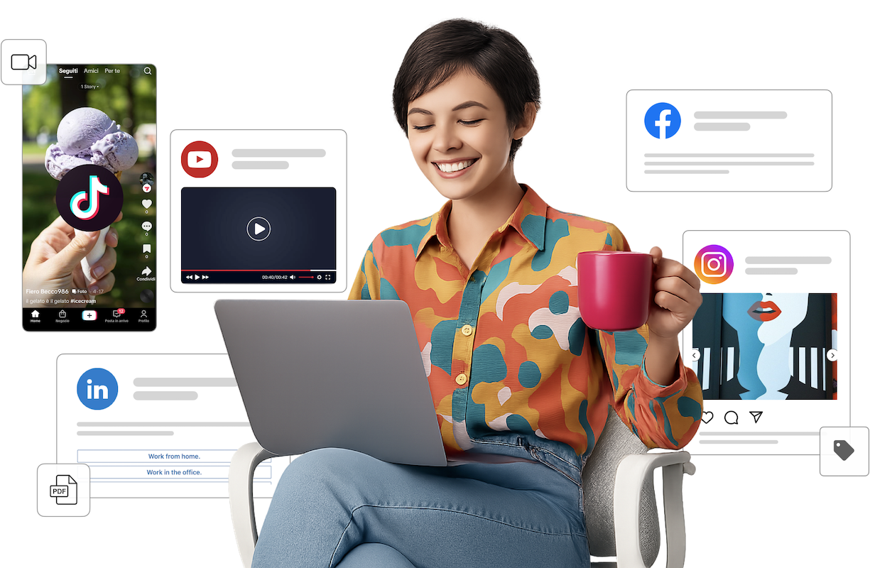 Una donna sorridente lavora al laptop mentre intorno a lei sono visualizzate schede che rappresentano diverse funzioni di gestione dei social media, come la creazione di contenuti per TikTok, YouTube, Instagram e LinkedIn