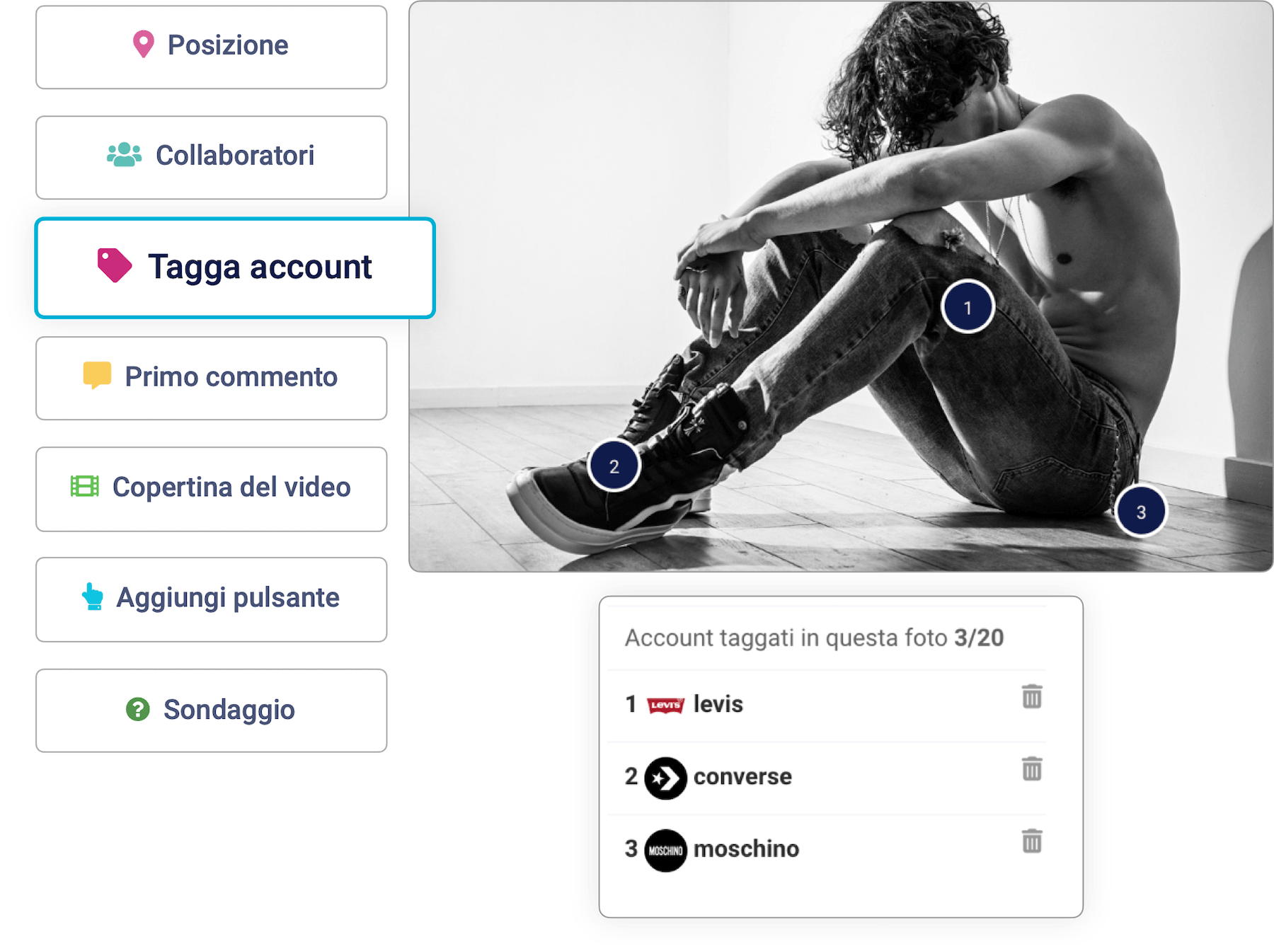 Interfaccia di modifica di un post con menu laterale che mostra le opzioni per aggiungere posizione, collaboratori e taggare account, con un elenco di account Instagram già taggati nella foto.