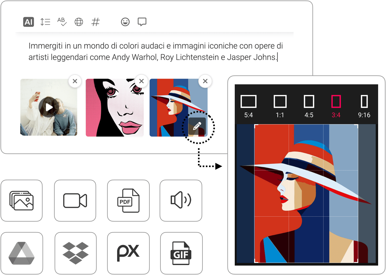 Interfaccia di modifica di un post, che mostra le opzioni per il ritaglio e il ridimensionamento di un'immagine, con strumenti per l'editing dei contenuti multimediali.