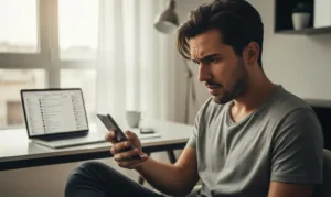 Giovane content creator guarda il suo smartphone con sguardo allibito mentre scopre che i suoi contenuti sono stati rubati | PostPickr
