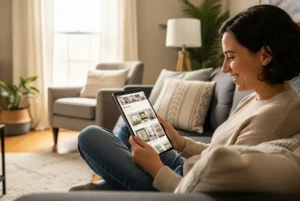 Una donna, comodamente seduta sul suo divano di casa, scorre il proprio profilo Pinterest dal suo tablet | PostPickr