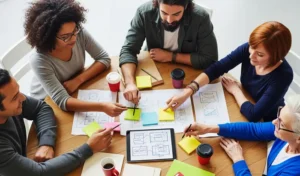 Team social marketing, seduto attorno a un grande tavolo in un un moderno ufficio, lavora all'ottimizzazione della propria micro community | PostPickr