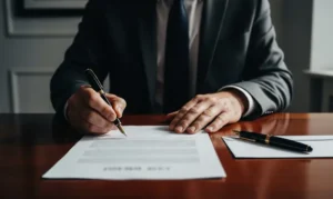 Avvocato firma una lettera di richiesta danni nel suo studio elegante | PostPickr