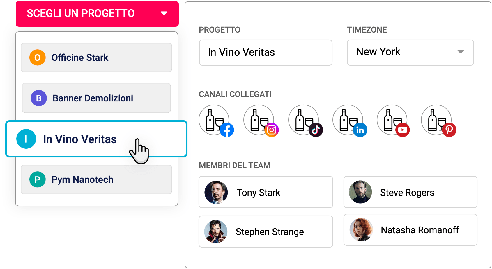 Interfaccia di PostPickr che mostra la selezione di un progetto editoriale con i canali social collegati e l'elenco dei membri del team che collaborano nel Progetto, inclusi i loro ruoli.