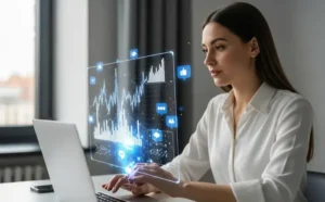 Donna seduta alla sua scrivania che utilizza l'IA per creare contenuti sempre più performanti sui social | PostPickr