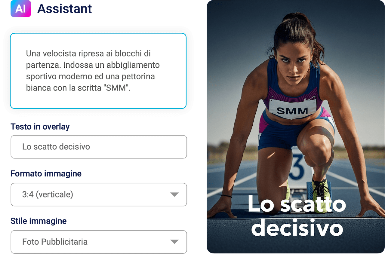 Interfaccia del Social Media AI Assistant di PostPickr che genera un'immagine in stile pubblicitario di un'atleta, basandosi su descrizioni testuali e parametri avanzati.