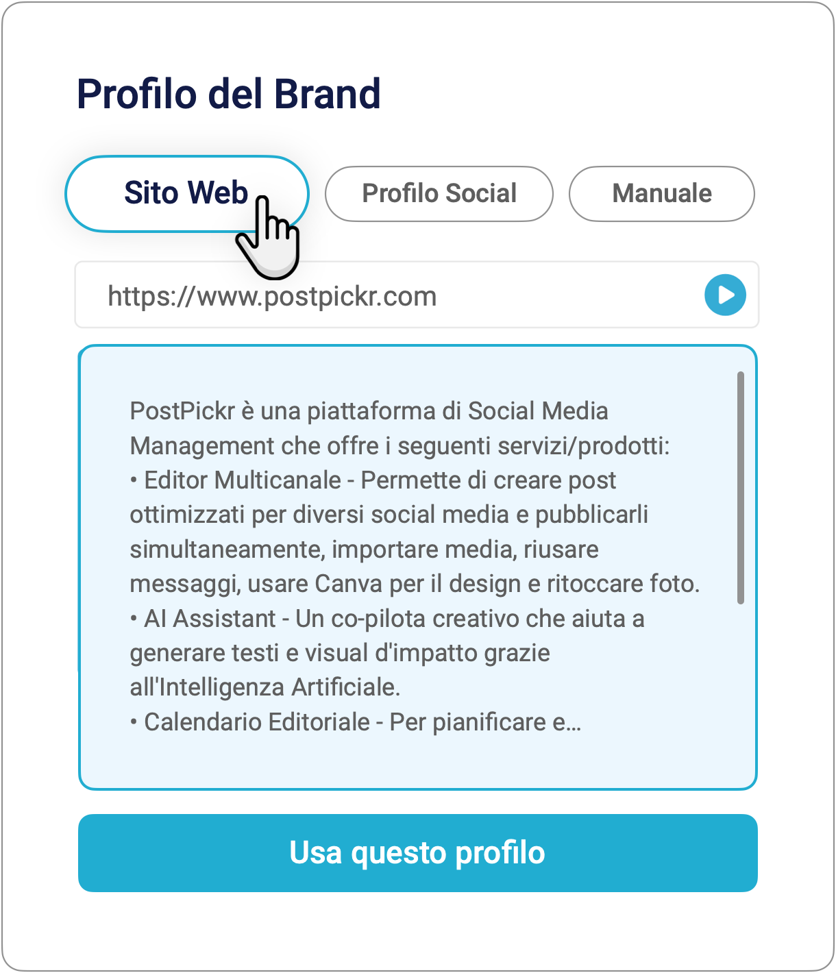 Interfaccia del Social Media AI Assistant di PostPickr che genera automaticamente il profilo del brand analizzando il sito web, per creare contenuti social pertinenti.