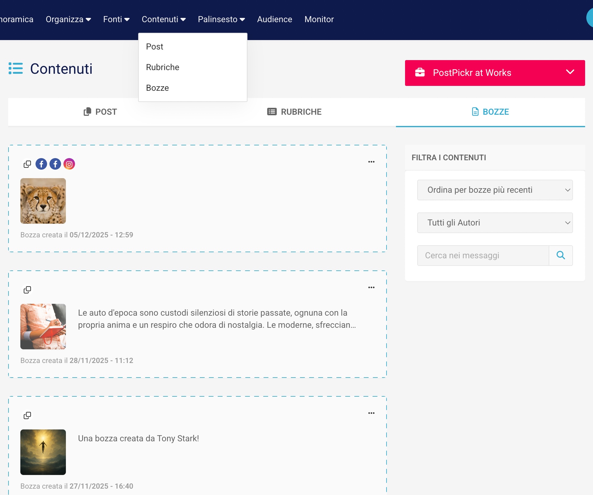 Schermata della sezione Contenuti > Bozze di PostPickr