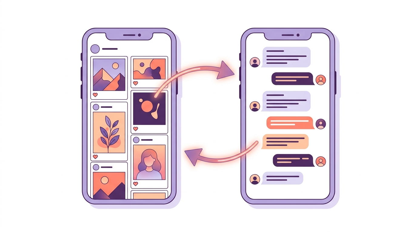 Schema illustrativo dell'integrazione tra Threads e Instagram: due feed connessi da frecce bidirezionali
