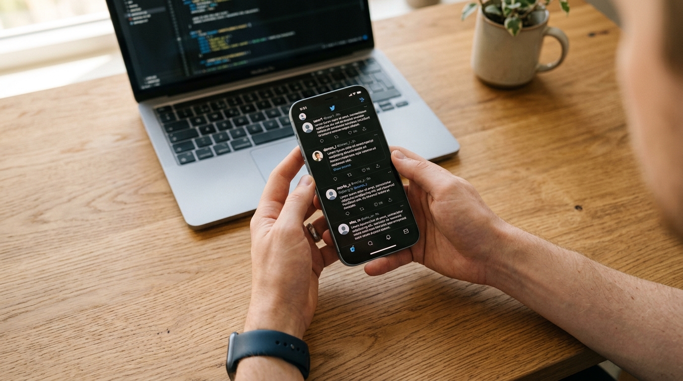 Mani che tengono uno smartphone con il feed di Threads aperto su scrivania moderna con laptop sullo sfondo