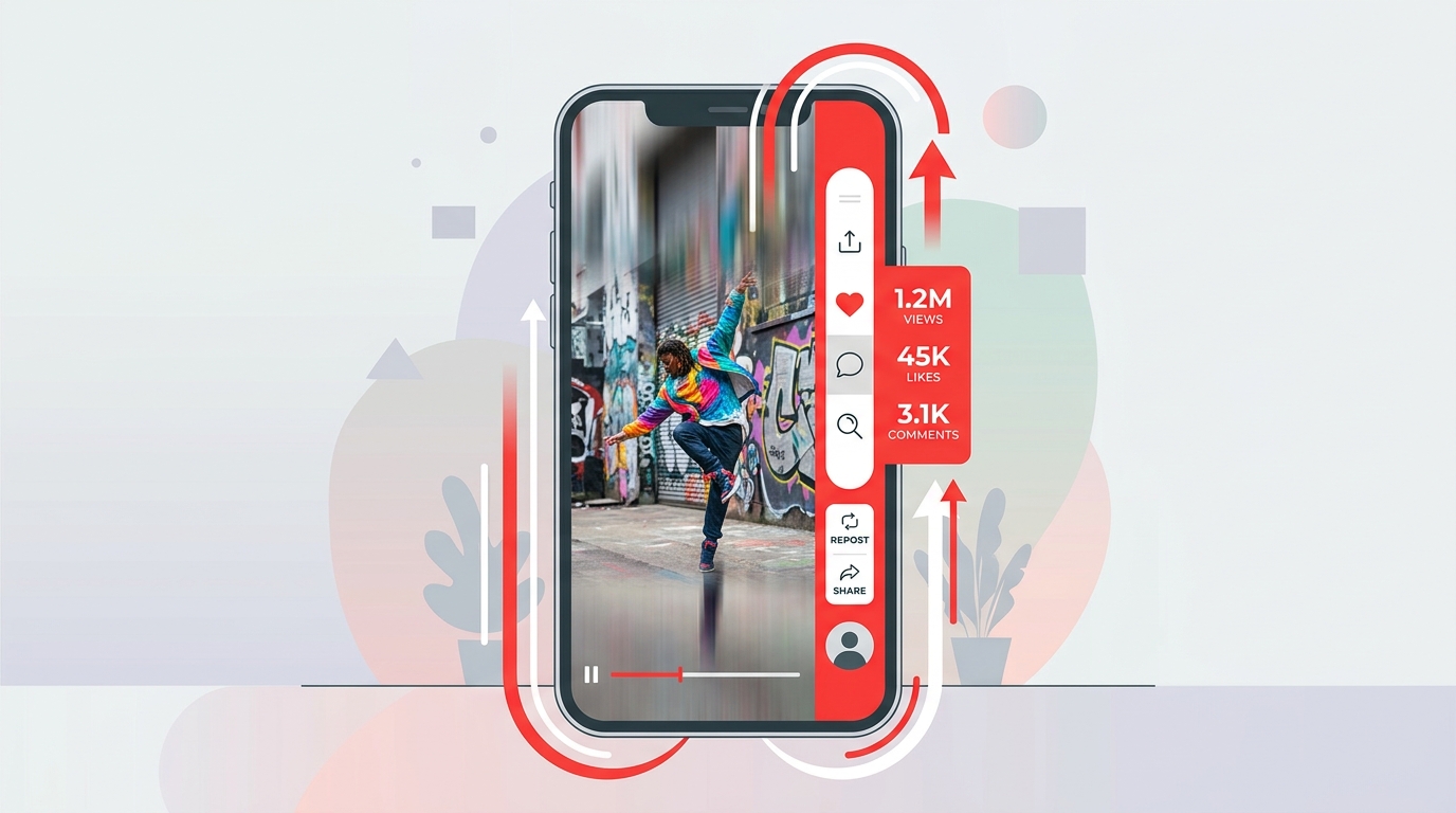 Smartphone con interfaccia YouTube Shorts e metriche di engagement visibili sullo schermo