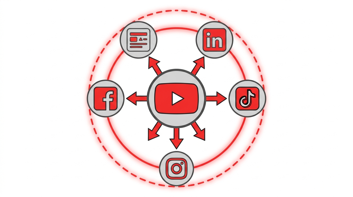 Icona video YouTube collegata tramite frecce a icone di Instagram, LinkedIn, TikTok e Facebook per illustrare il repurposing dei contenuti