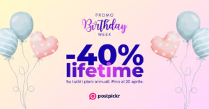 Promo PostPickr: sconto del 40% a vita su tutti i piani annuali fino al 20 aprile.