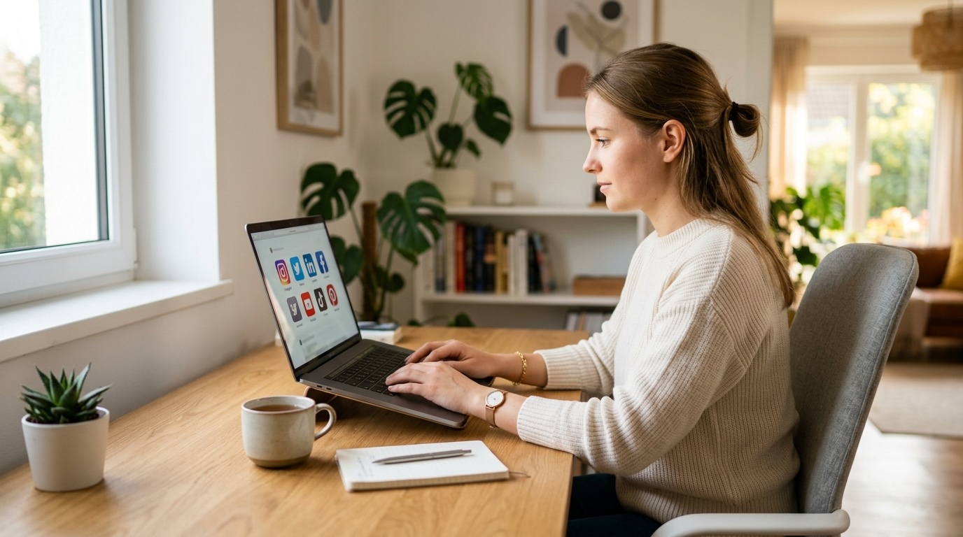 Persona al laptop con interfaccia di pubblicazione su più canali social contemporaneamente