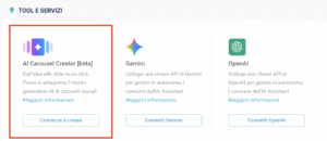 Sezione Panoramica > Tool e Servizi: la card per accedere ad AI Carousel Creator