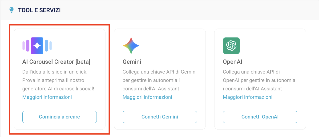 Sezione Panoramica > Tool e Servizi: la card per accedere ad AI Carousel Creator
