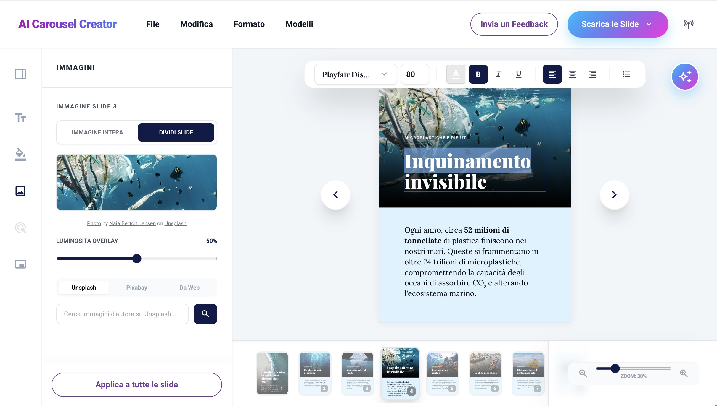 Schermata panoramica dell'editor delle slide di AI Carousel Creator